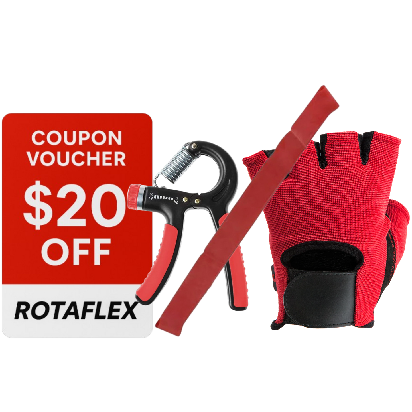 Rotaflex $20 Gift Card, Resistance Band, Grip Trainer, Sweat Belt, Training Video Guide, and Compression Socks