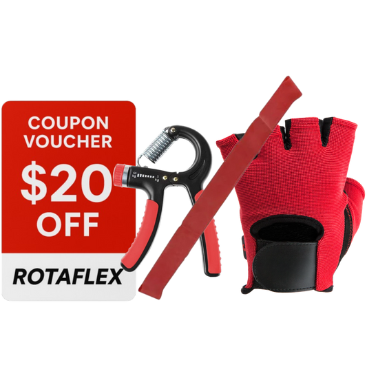 Rotaflex $20 Gift Card, Resistance Band, Grip Trainer, Sweat Belt, Training Video Guide, and Compression Socks