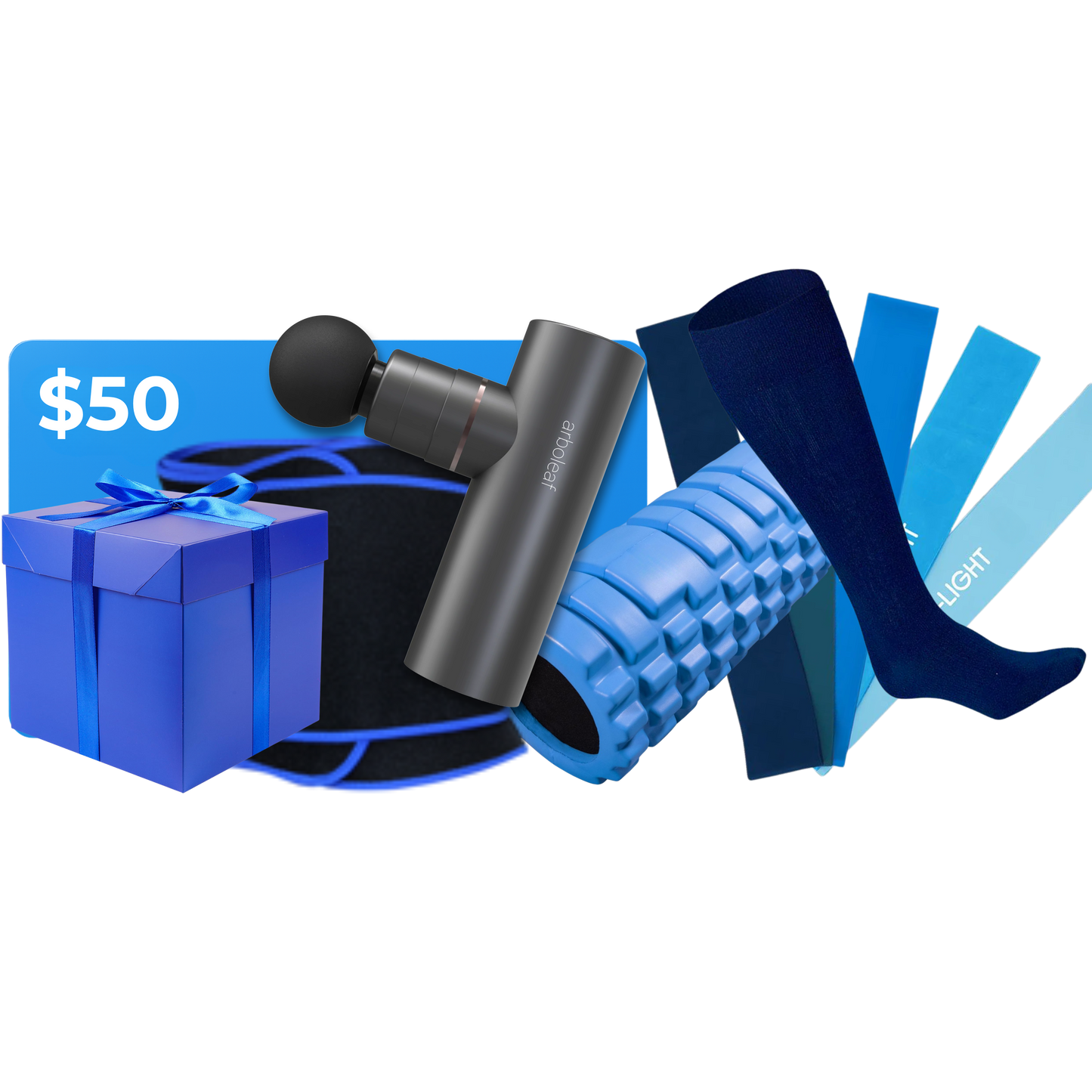 Flexora $50 Gift Card, Mystery Gift, Sweat Belt, Massage Gun, Foam Roller, Sweat Towel, Compression Socks, Resistance Bands, and Stretching Video