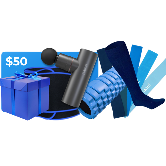 Flexora $50 Gift Card, Mystery Gift, Sweat Belt, Massage Gun, Foam Roller, Sweat Towel, Compression Socks, Resistance Bands, and Stretching Video