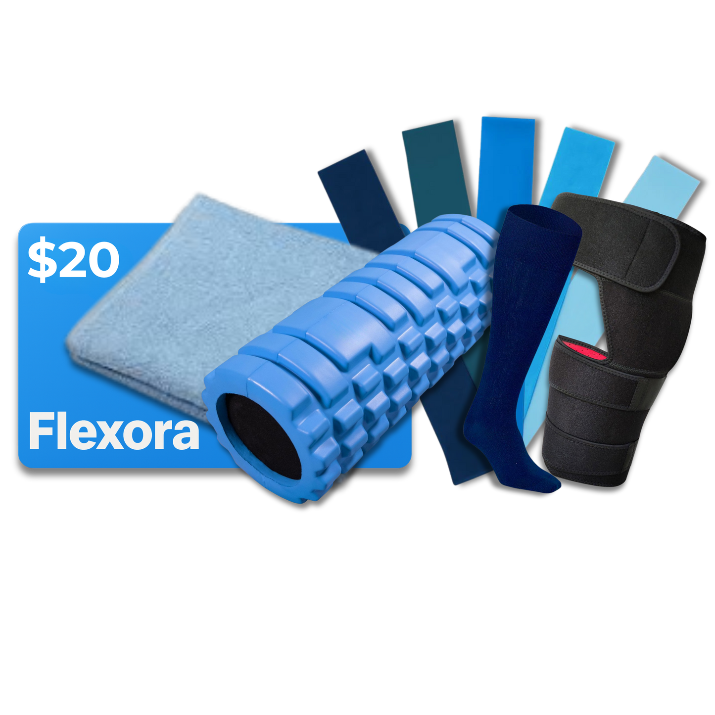 Flexora $20 Gift Card, Foam Roller, Hip Brace, Resistance Bands, Sweat Towel, Compression Socks, and Stretching Guide