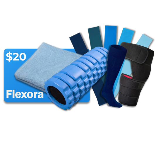 Flexora $20 Gift Card, Foam Roller, Hip Brace, Resistance Bands, Sweat Towel, Compression Socks, and Stretching Guide