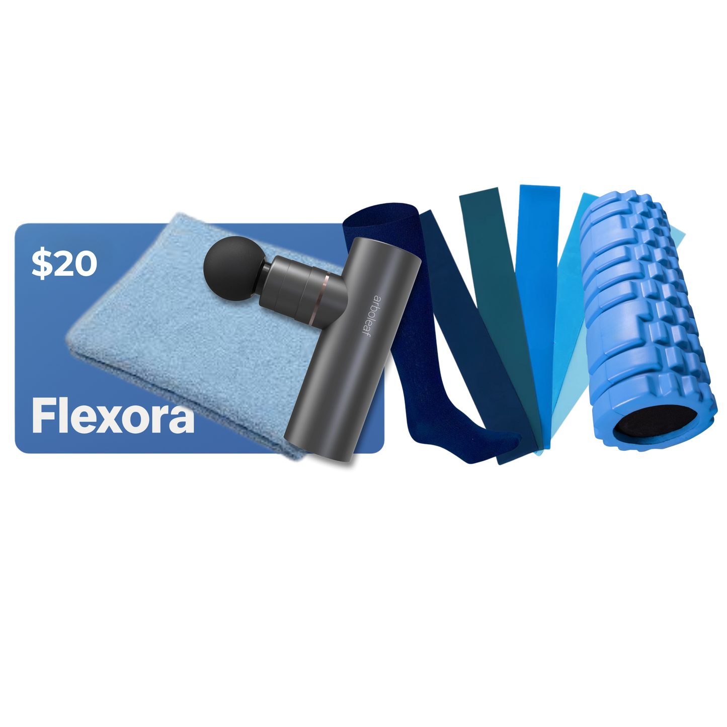 Flexora $20 Gift Card, Massage Gun, Foam Roller, Resistance Bands, Sweat Towel, Compression Socks, and Stretching Guide