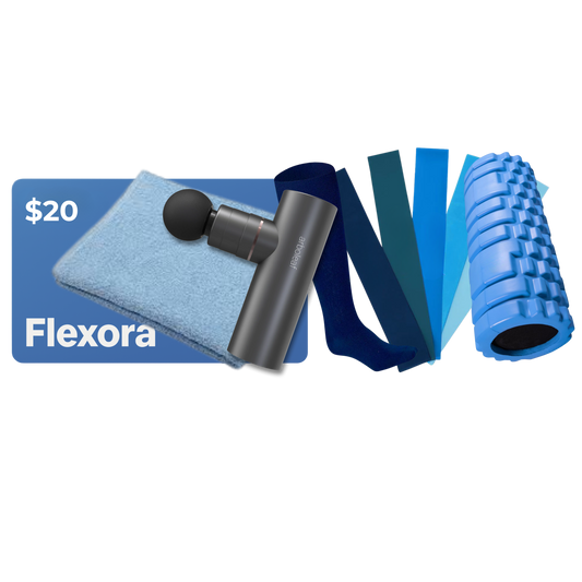 Flexora $20 Gift Card, Massage Gun, Foam Roller, Resistance Bands, Sweat Towel, Compression Socks, and Stretching Guide